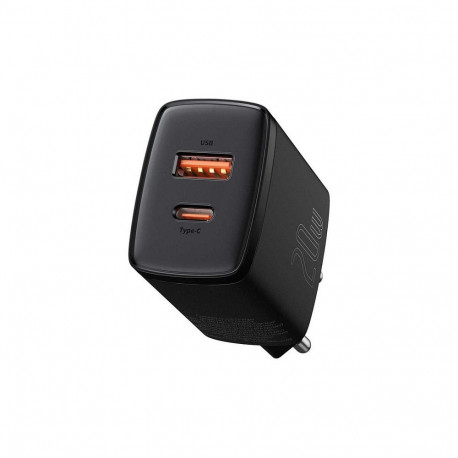"Compact mains charger 1x USB-A port + 1x USB-C port 20W (Black)"