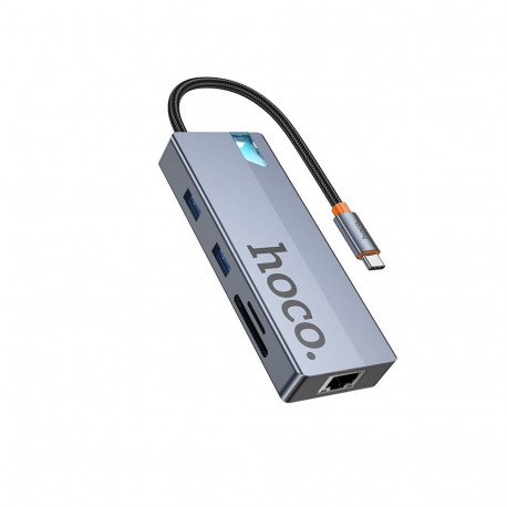Adapter HUB 8w1 (HDTV+RJ45+SD/TF+PD+Type-C 3.0+USB 3.0 x 2) USB-C Hoco HB52 grey