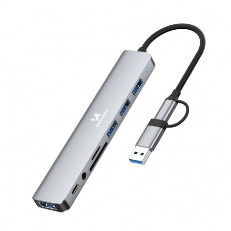 Wozinsky WAH-81 8-in-1 USB Hub with USB 3.0 SD Card Reader and Audio Output - Gray