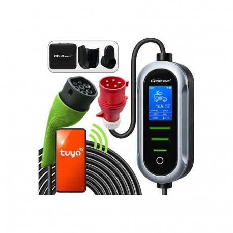 QOLTEC elektriauto mobiilne laadija 2in1 Type 2 reguleeritav 11kW 400V CEE 16A WiFi TUYA SMART LIFE 
