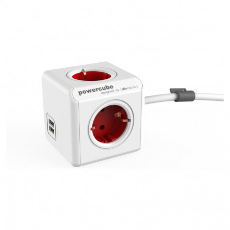 "Allocacoc PowerCube Extended, power distribution unit with USB ports, 4 sockets, 1.5m, white/red"
