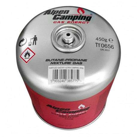 Kartusz gazowy 450g Alpen Camping. certyfikat: Pi 0437, zgodny z EN417, propan-butan, zakres -10°c d