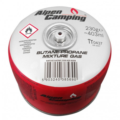 Alpen Camping gaasiballoon 230g propan-butan EN417 sertifikaat Pi 0656 vahemik -10°C kuni +40°C keer