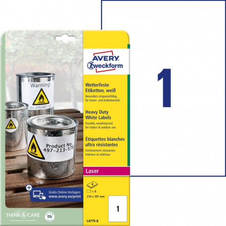 Sticker label made of polyester film weatherproof AVERY Zweckform 210x297mm 8 sheets (L4775-8)