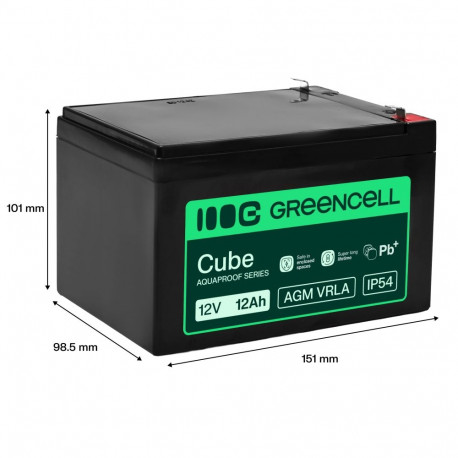 Greencell AGM VRLA 12V 12Ah maintenance-free battery for cash registers  toys  cameras (151x98.5x95m