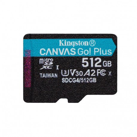 Kingston Technology microSDXC-mälukaart 512GB Canvas Go Plus Gen4 200R A2 U3 Single Pack w/o ADP