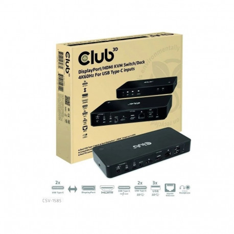 CLUB3D DisplayPort/HDMI KVM Switch/Dock 4K60Hz For USB Type-C inputs