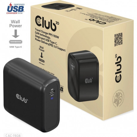 CLUB3D Travel Charger 100 Watt GAN technology  USB-IF TID certified  Single port USB Type-C  Power D