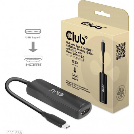 CLUB3D aktiivne adapter USB Gen2 Type-C–HDMI™ 8K60Hz või 4K120Hz HDR10+ koos DSC1.2 ja Power Deliver