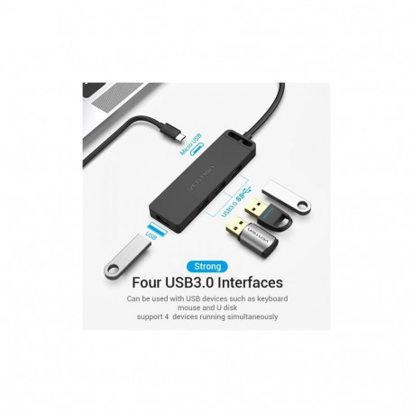 Vention USB-jaotur TGKBB 0,15m 4 USB-C- ja USB 3.0-porti toiteadapteriga, must