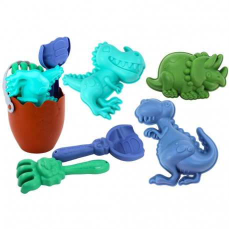 Dinosaurustega liivakomplekt, ämber, muna, reha, labidas ja vormid