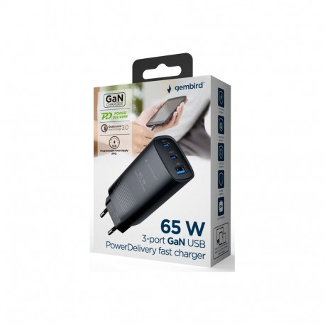 Cablexpert TA-UC-PDQC65-01-BK 3-port 65 W GaN USB PowerDelivery fast charger, black |