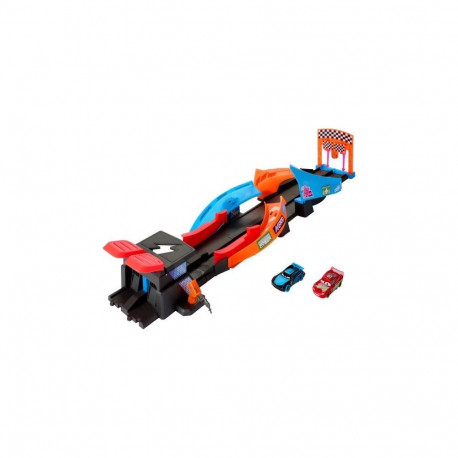 Disney Pixar Cars mängukomplekt Glow Racers stardi- ja ristirajaga, 2 pimedas helendava sõidukiga