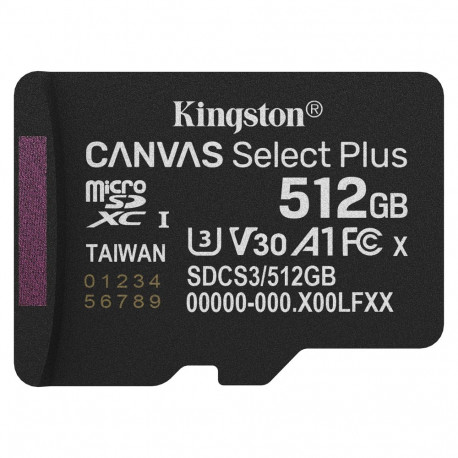 "CARD KINGSTON 512GB micSDXC Canvas Select Plus Gen3 150R A1 Single Pack w/o ADP"