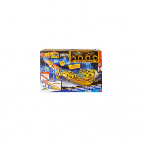 Hot Wheels Monster Trucks Dual Terrain Raceway, 4 Feet Long with 2 Toy Trucks & 2 Crushed Cars