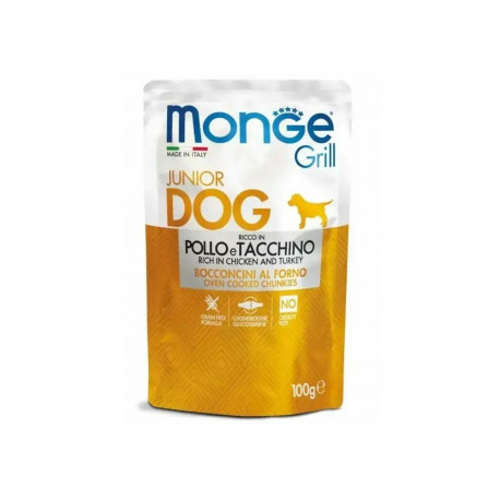 Monge Dog Grill Pouch Junior Chunkies Rich in Chicken and Turkey 100 g — complete wet food for puppi