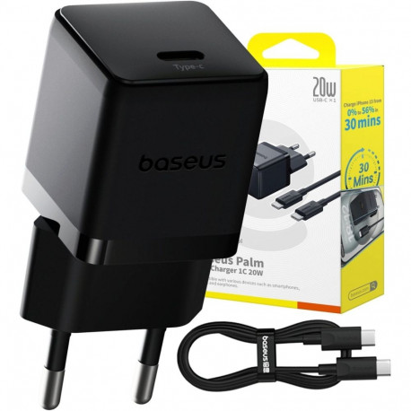 Baseus Baseus Palm 1C 20W Wall Charger (with Baseus Mini White USB-C 60W (20V/3A) 1m Cable) - Black 