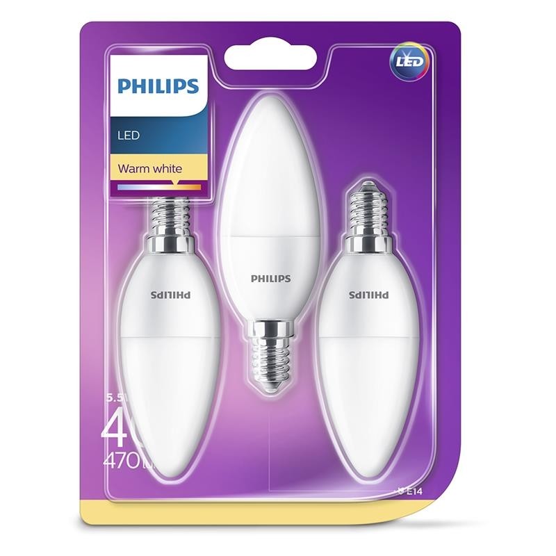 3 x LED pirn Philips / E14, 40W, 470 lm - LED tuled - Photopoint