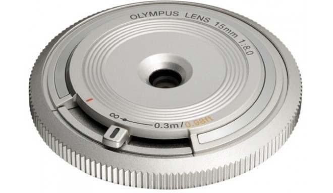 Olympus body cap lens 15mm f/8.0, silver